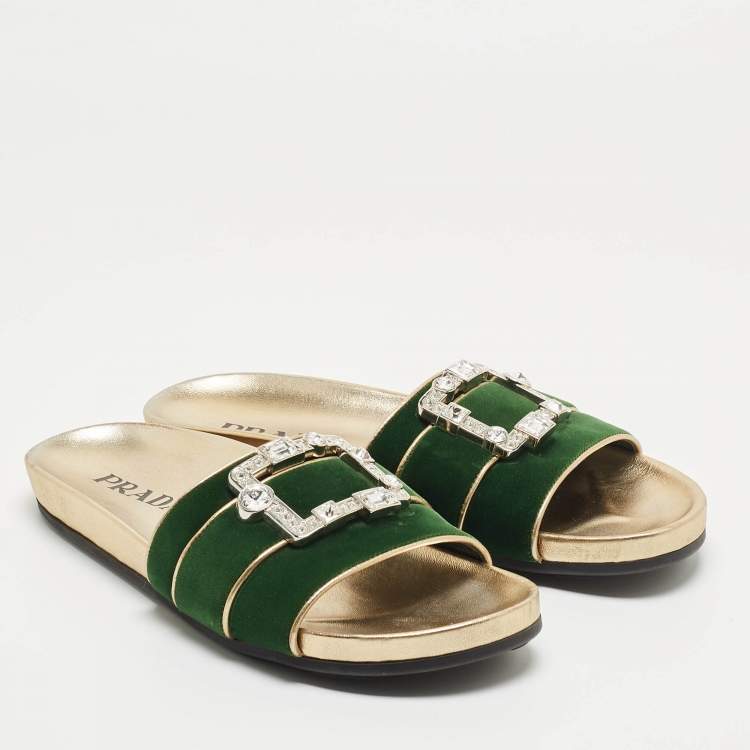Pre Owned Prada Green/Gold Velvet And Leather Buckle Detail Slides Sizes 39.5
