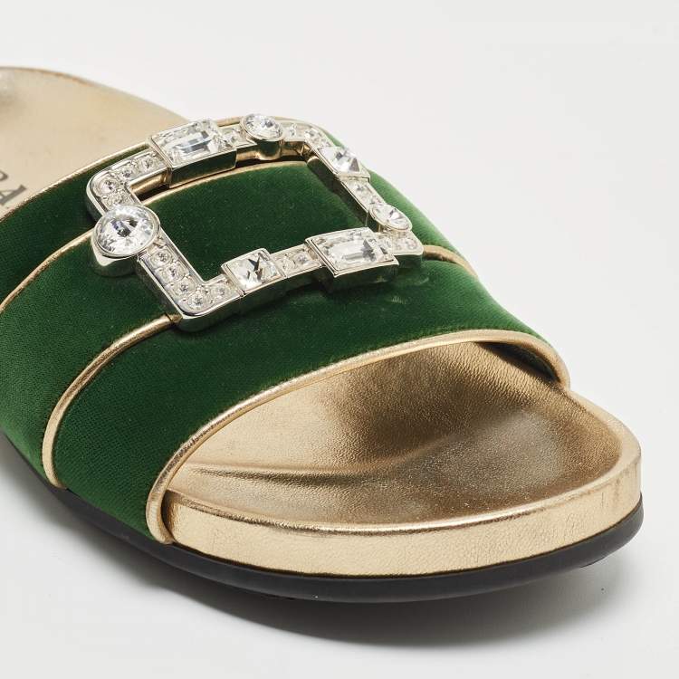 Pre Owned Prada Green/Gold Velvet And Leather Buckle Detail Slides Sizes 39.5