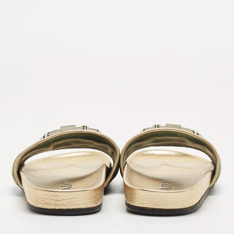 Pre Owned Prada Green/Gold Velvet And Leather Buckle Detail Slides Sizes 39.5