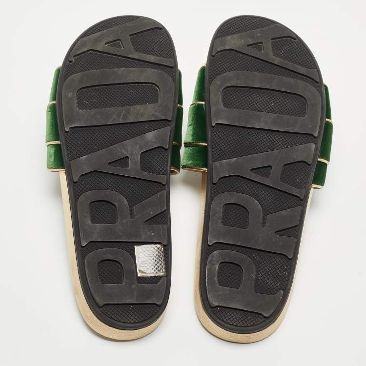 Pre Owned Prada Green/Gold Velvet And Leather Buckle Detail Slides Sizes 39.5