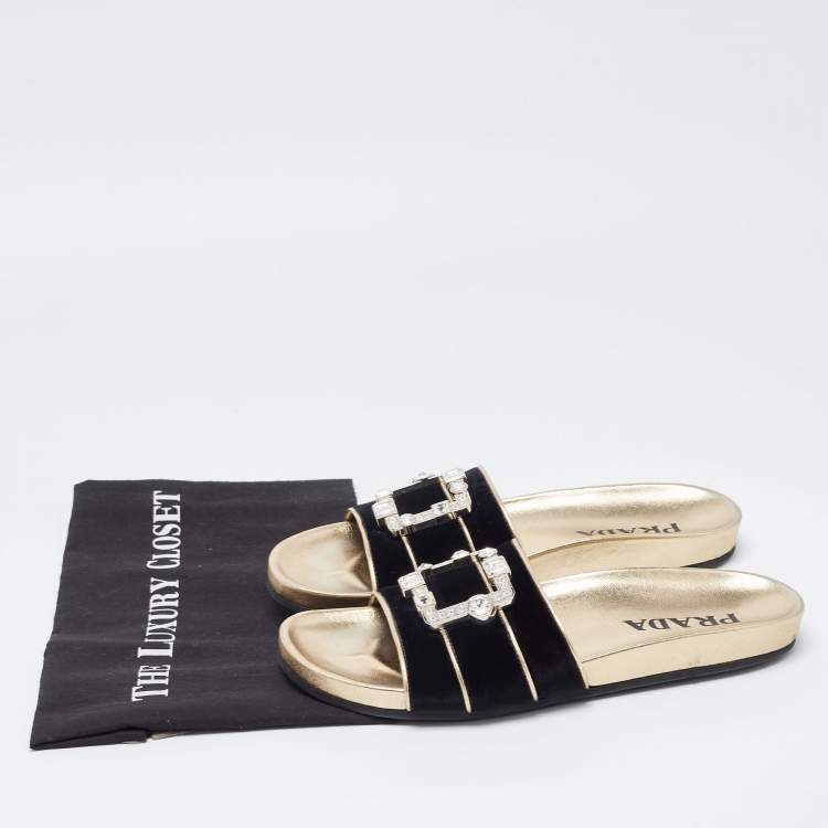 Pre Owned Prada Black Velvet Embellished Buckle Slides Size 39.5 