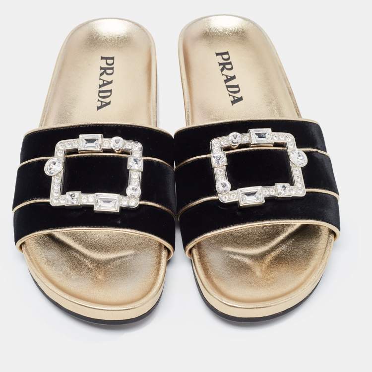 Pre Owned Prada Black Velvet Embellished Buckle Slides Size 39.5 