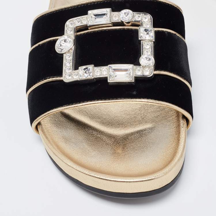 Pre Owned Prada Black Velvet Embellished Buckle Slides Size 39.5 