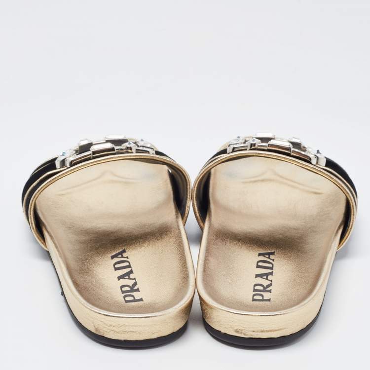 Pre Owned Prada Black Velvet Embellished Buckle Slides Size 39.5 