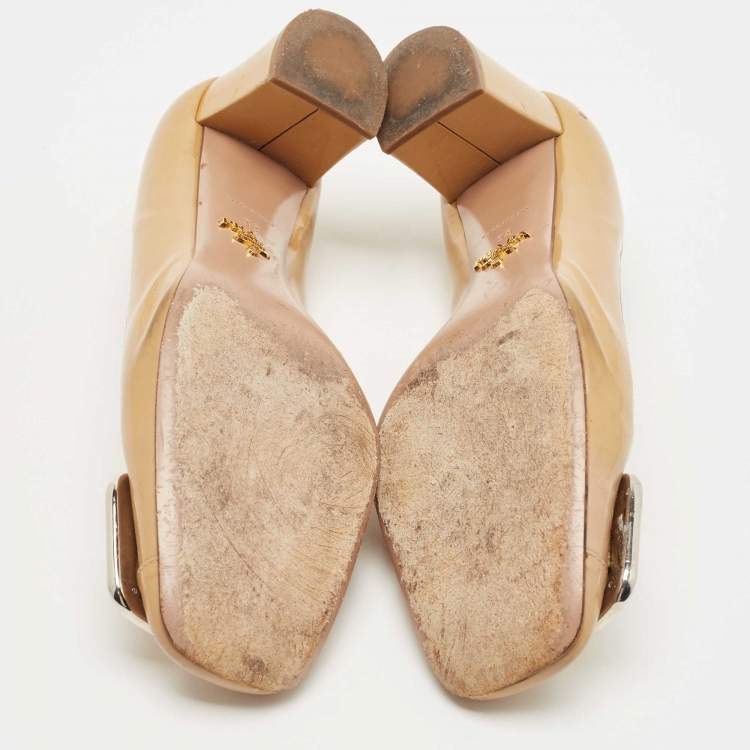 Pre Owned Prada Beige Patent Leather Block Heel Square Toe Pumps Size 38