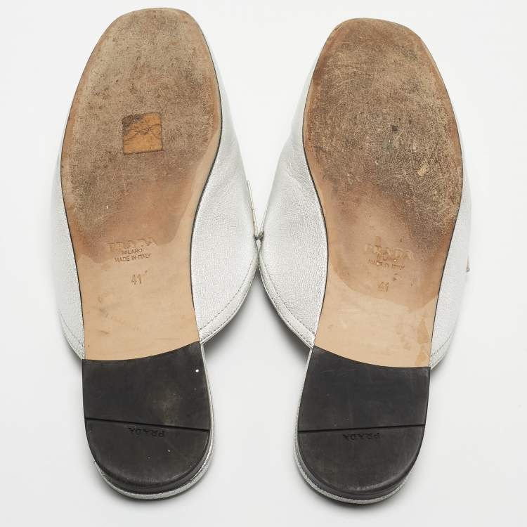 Pre Owned Prada Silver Leather Flat Mules Size 41