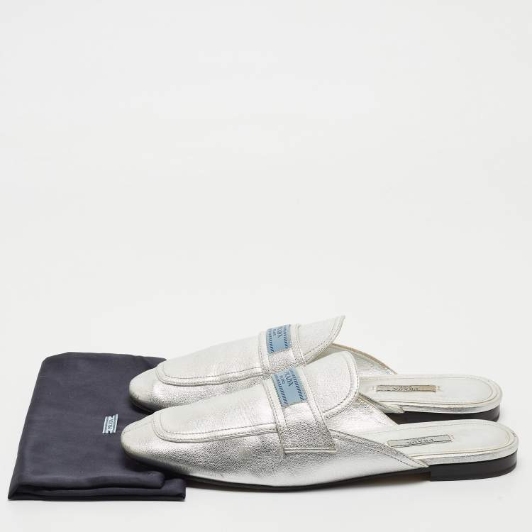 Pre Owned Prada Silver Leather Flat Mules Size 41