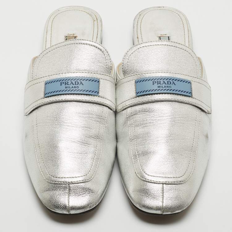Pre Owned Prada Silver Leather Flat Mules Size 41