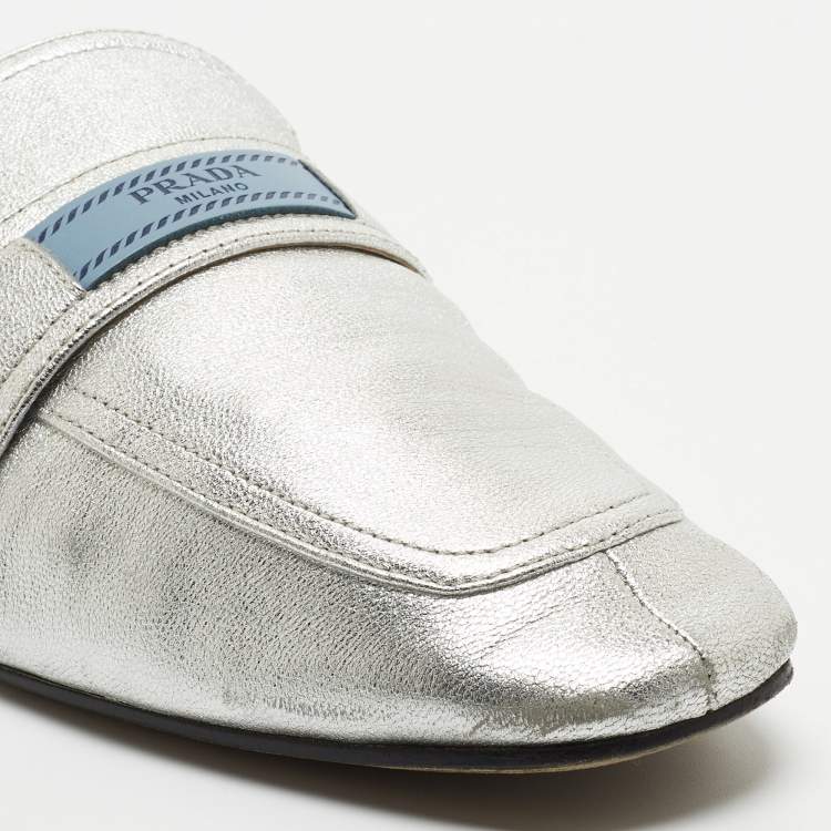 Pre Owned Prada Silver Leather Flat Mules Size 41