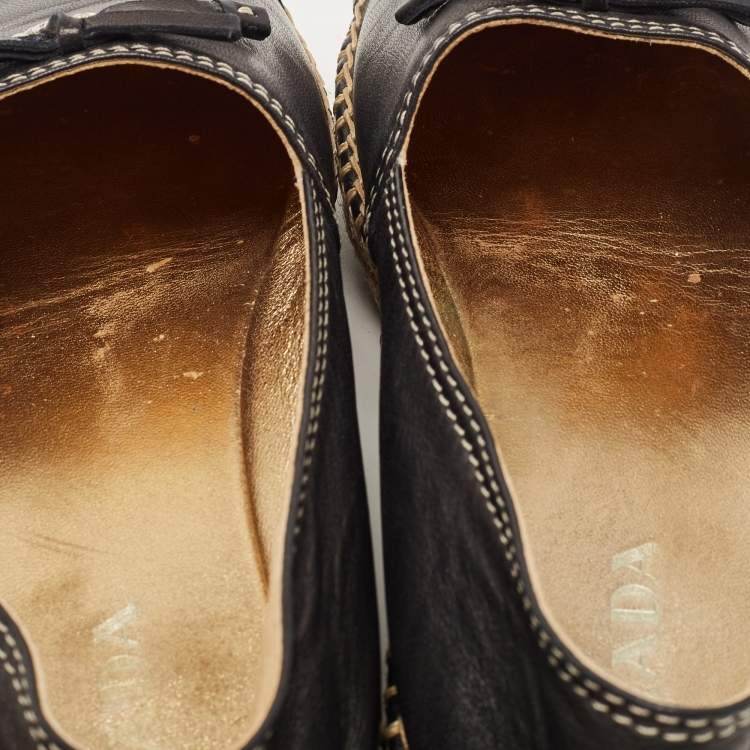 مملوكة مسبقًا Prada Black Leather Bow Espadrille Flats Size 38.5