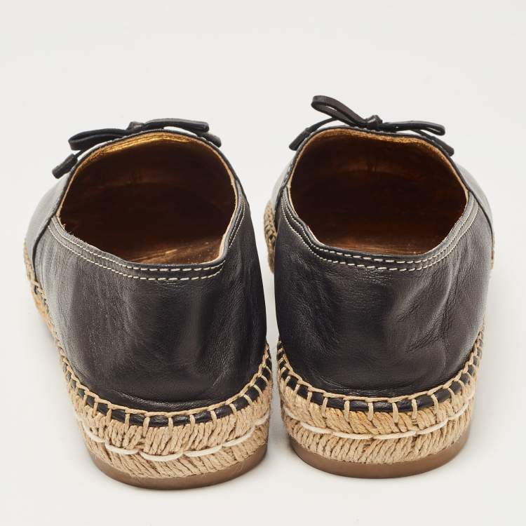 مملوكة مسبقًا Prada Black Leather Bow Espadrille Flats Size 38.5