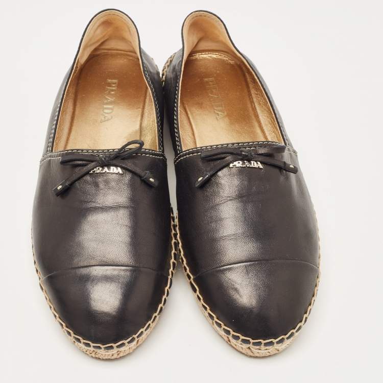 مملوكة مسبقًا Prada Black Leather Bow Espadrille Flats Size 38.5