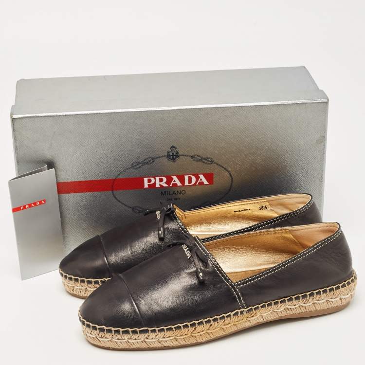 مملوكة مسبقًا Prada Black Leather Bow Espadrille Flats Size 38.5
