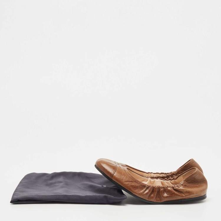 Pre Owned Prada Brown Leather Scrunch Ballet Flats Size 38.5 