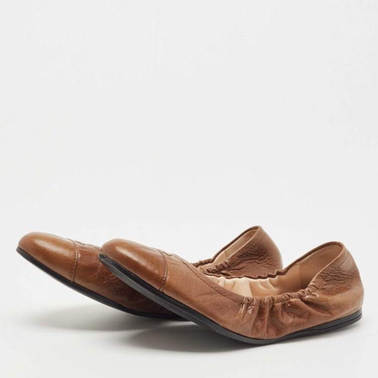 Pre Owned Prada Brown Leather Scrunch Ballet Flats Size 38.5 