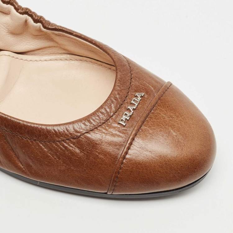 Pre Owned Prada Brown Leather Scrunch Ballet Flats Size 38.5 