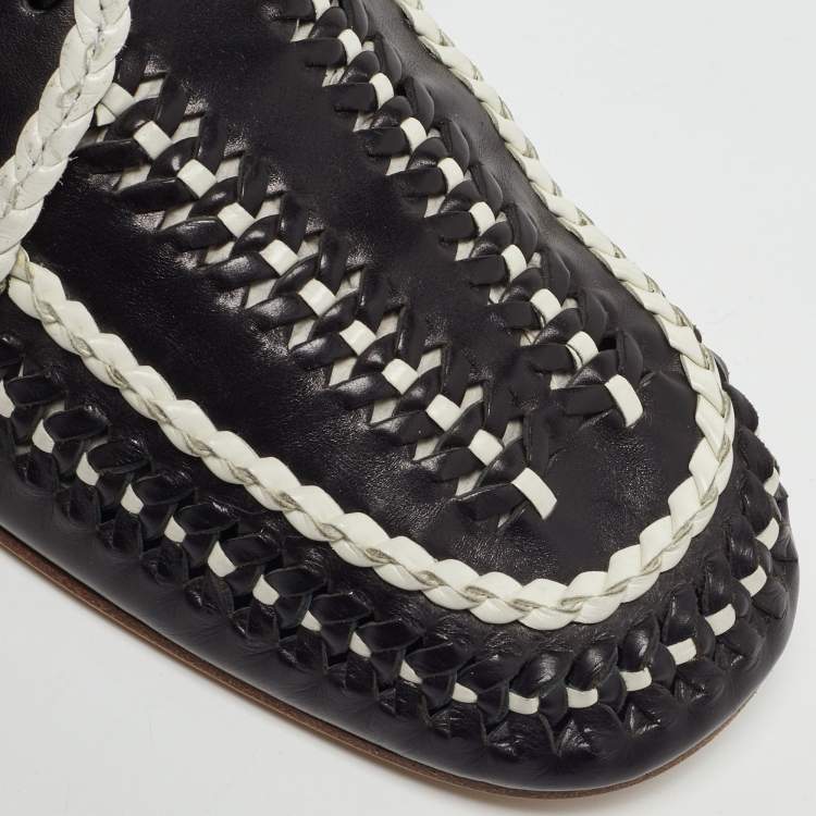 Pre Owned Prada Black/White Woven Leather Boat Shoes Size 39.5
