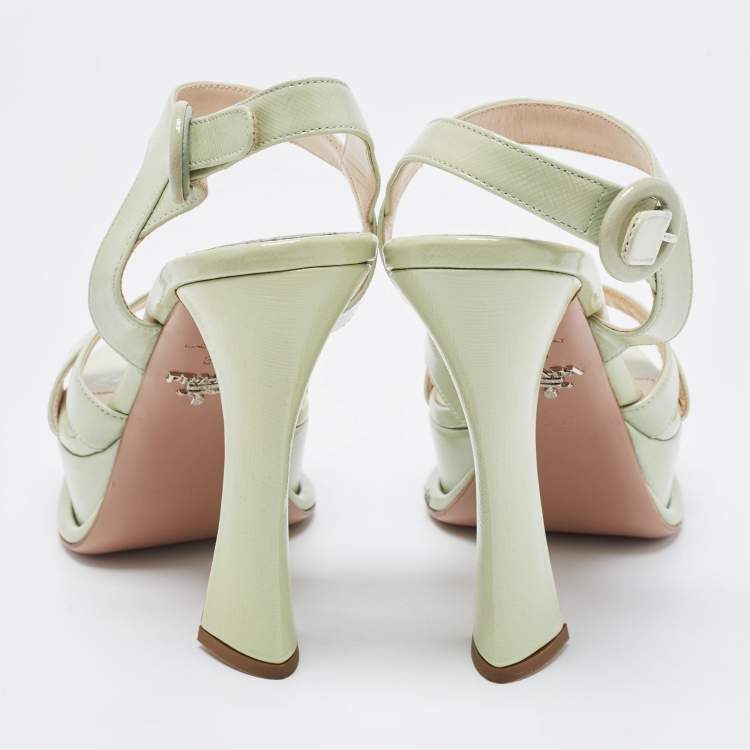 Pre Owned Prada Mint Green Saffiano Leather Platform Ankle Strap Sandals Size 39
