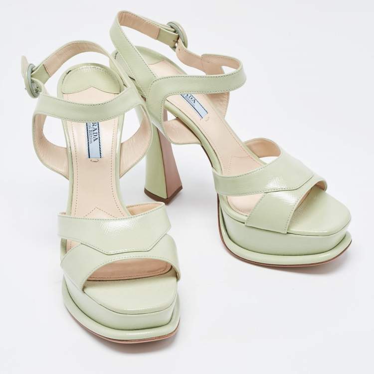 Pre Owned Prada Mint Green Saffiano Leather Platform Ankle Strap Sandals Size 39