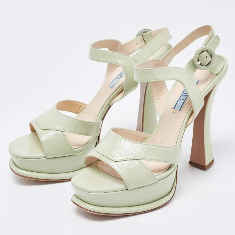 Pre Owned Prada Mint Green Saffiano Leather Platform Ankle Strap Sandals Size 39