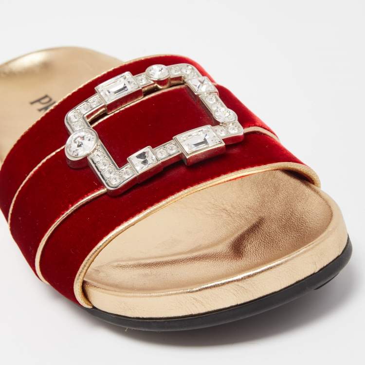 Pre Owned Prada Red Velvet Crystal Embellished Buckle Slides Size 39.5