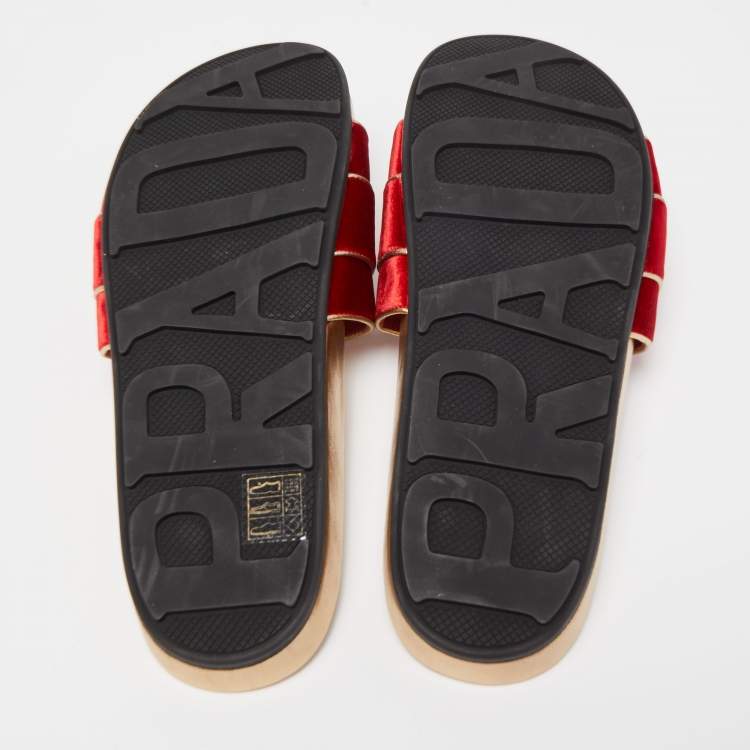 Pre Owned Prada Red Velvet Crystal Embellished Buckle Slides Size 39.5