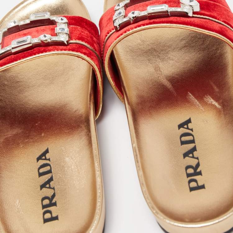 Pre Owned Prada Red Velvet Crystal Embellished Buckle Slides Size 39.5