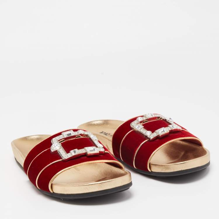Pre Owned Prada Red Velvet Crystal Embellished Buckle Slides Size 39.5