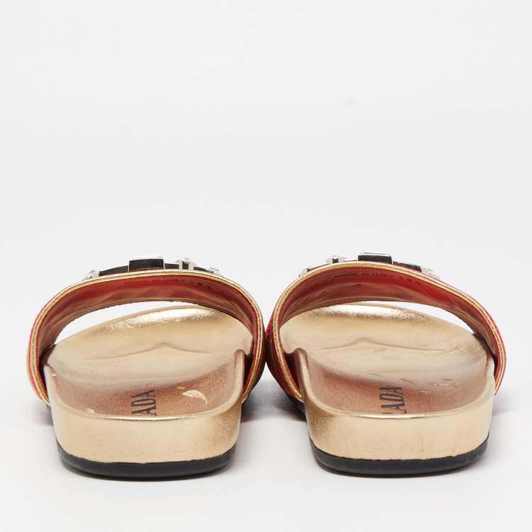 Pre Owned Prada Red Velvet Crystal Embellished Buckle Slides Size 39.5