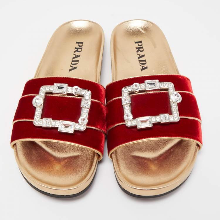 Pre Owned Prada Red Velvet Crystal Embellished Buckle Slides Size 39.5