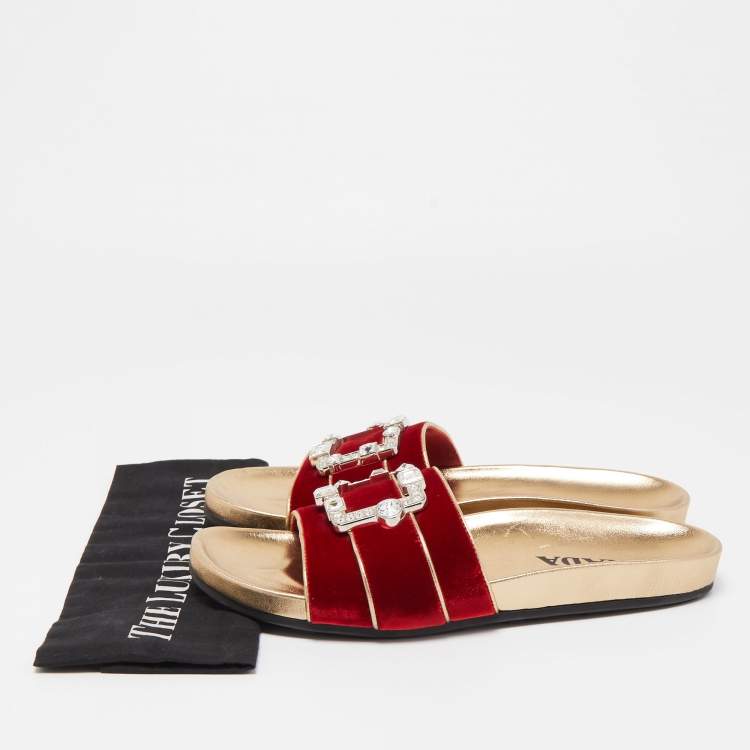 Pre Owned Prada Red Velvet Crystal Embellished Buckle Slides Size 39.5