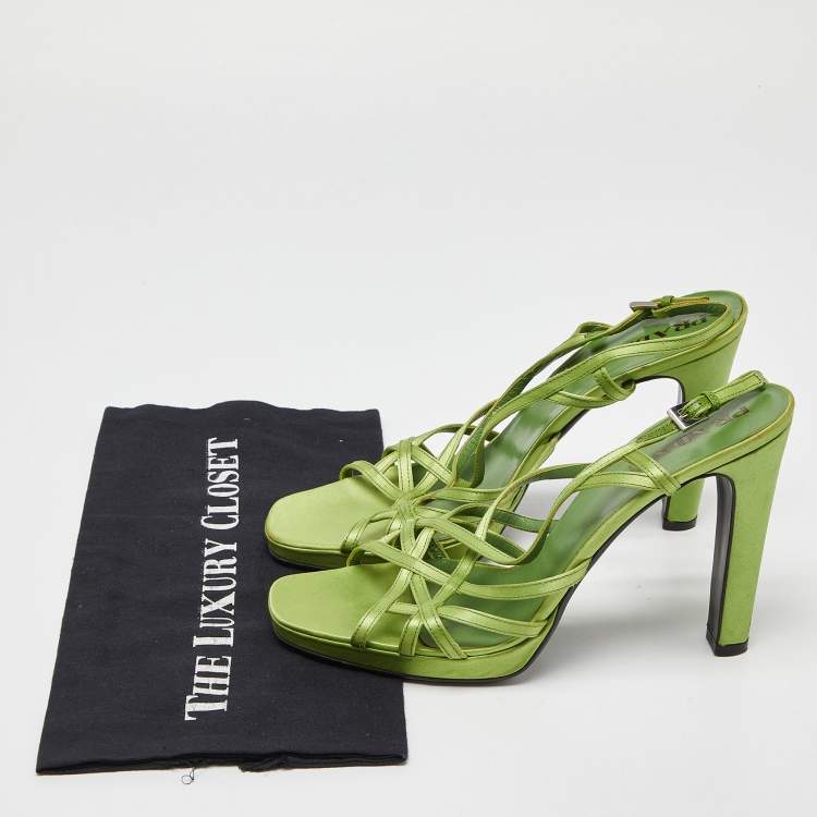 Pre Owned Prada Green Satin Strappy Open Toe Platform Slingback Sandals Size 40