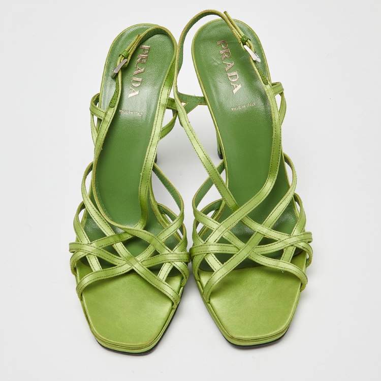 Pre Owned Prada Green Satin Strappy Open Toe Platform Slingback Sandals Size 40