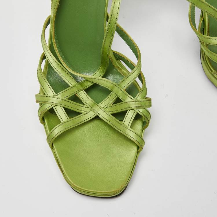 Pre Owned Prada Green Satin Strappy Open Toe Platform Slingback Sandals Size 40