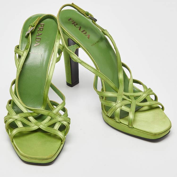 Pre Owned Prada Green Satin Strappy Open Toe Platform Slingback Sandals Size 40