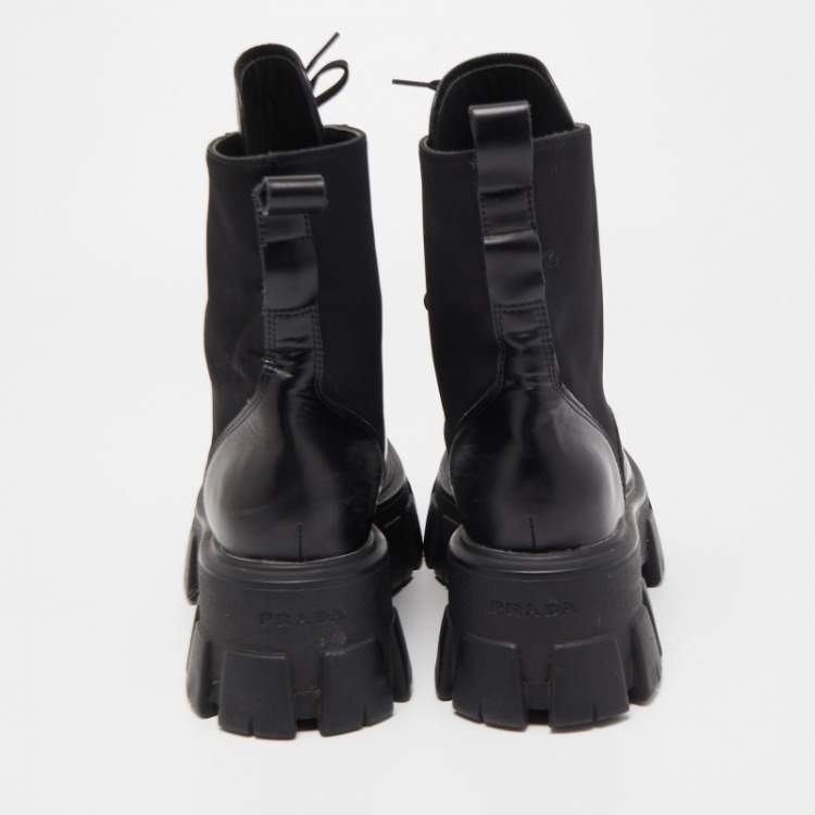 Pre Owned Prada Black Leather and Nylon Combat Boots Size 40