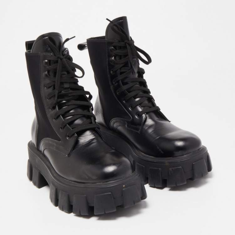 Pre Owned Prada Black Leather and Nylon Combat Boots Size 40