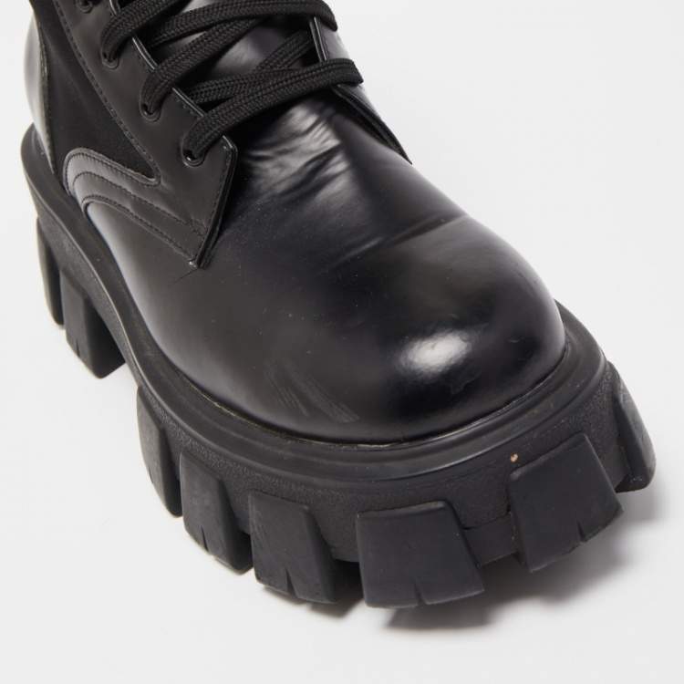 Pre Owned Prada Black Leather and Nylon Combat Boots Size 40