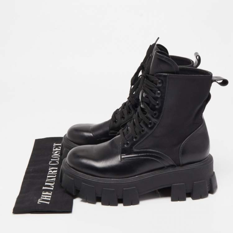 Pre Owned Prada Black Leather and Nylon Combat Boots Size 40