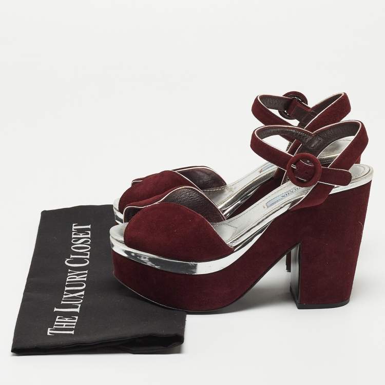 Pre Owned Prada Burgundy Suede Platform Block Heels Ankle Strap Sandals Size 36