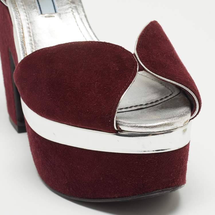 Pre Owned Prada Burgundy Suede Platform Block Heels Ankle Strap Sandals Size 36