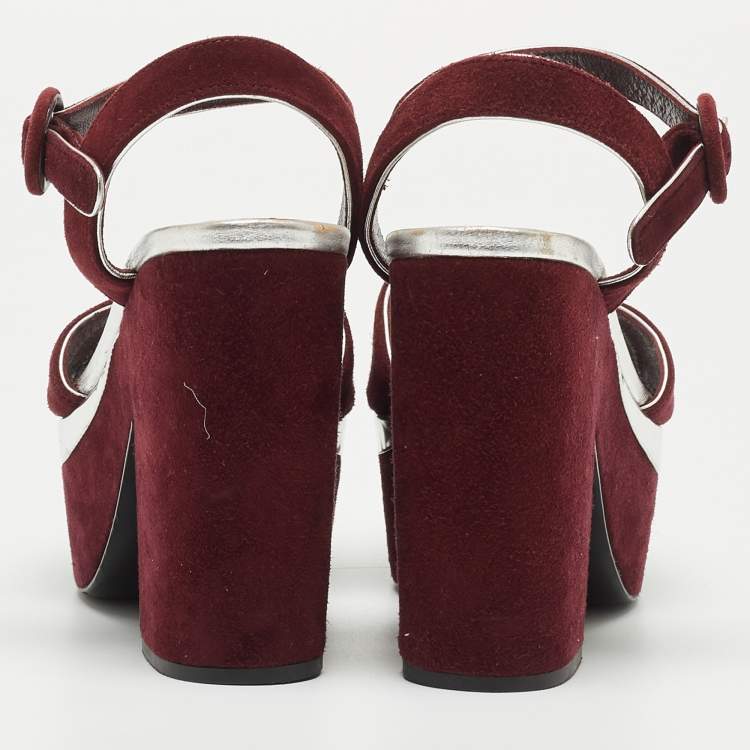 Pre Owned Prada Burgundy Suede Platform Block Heels Ankle Strap Sandals Size 36