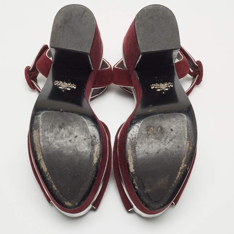 Pre Owned Prada Burgundy Suede Platform Block Heels Ankle Strap Sandals Size 36