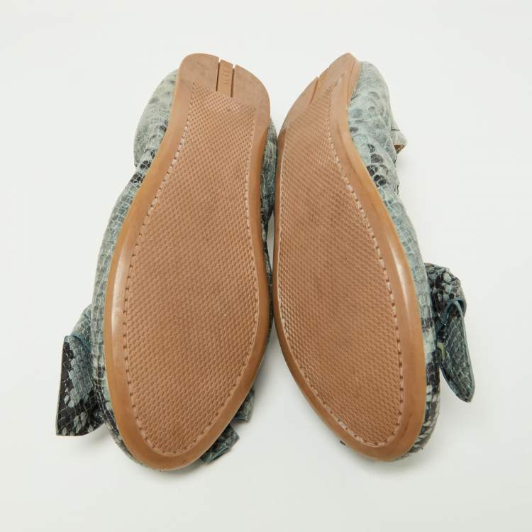 Pre Owned Prada Blue Python Embossed Leather Scrunch Bow Ballet Flats Size 37.5