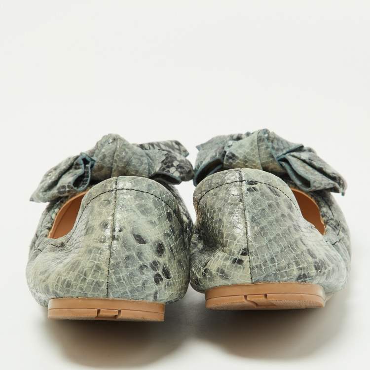 Pre Owned Prada Blue Python Embossed Leather Scrunch Bow Ballet Flats Size 37.5