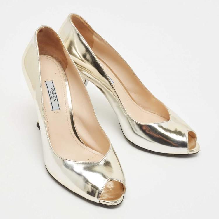Pre Owned Prada Metallic Gold Leather Peep Toe Pumps Size 39