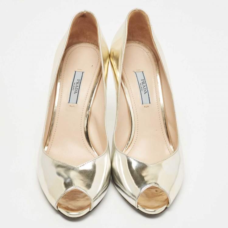 Pre Owned Prada Metallic Gold Leather Peep Toe Pumps Size 39