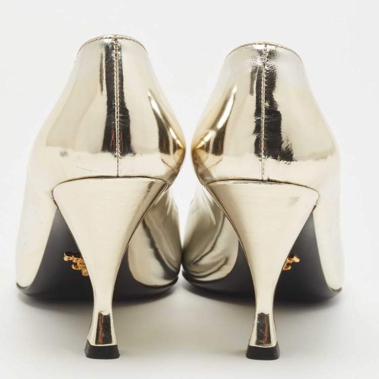 Pre Owned Prada Metallic Gold Leather Peep Toe Pumps Size 39