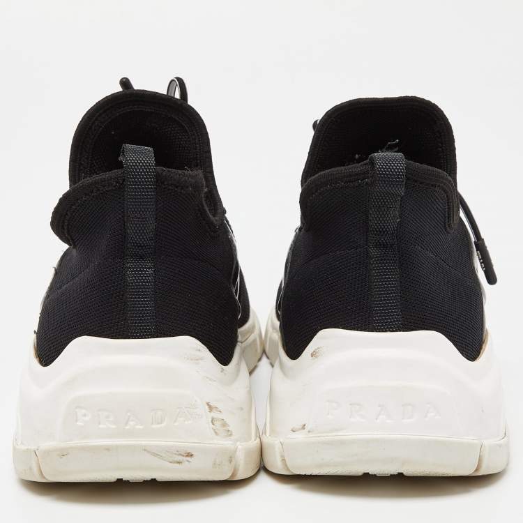 Pre Owned Prada Black Knit Fabric and Leather Logo Low Top Sneakers Size 38
