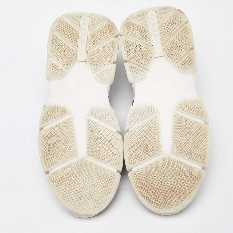 Pre Owned Prada Black Knit Fabric and Leather Logo Low Top Sneakers Size 38